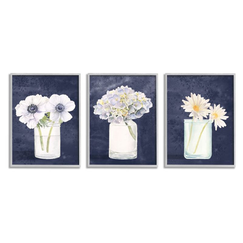 Stupell Industries Farmhouse Flower Bouquets Navy Blue White Painting Gray Framed Giclee 3pc Set, 11 x 14, 1 of 5