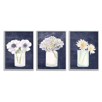 Stupell Industries Farmhouse Flower Bouquets Navy Blue White Painting Gray Framed Giclee 3pc Set, 11 x 14