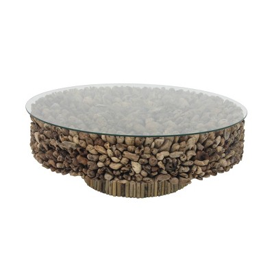 Handcrafted Driftwood Round Coffee Table with Glass Top, 48" Brown