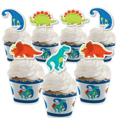 Big Dot of Happiness Roar Dinosaur - Cupcake Decoration - Dino Mite Trex Baby Shower or Birthday Party Cupcake Wrappers & Treat Picks Kit - Set of 24