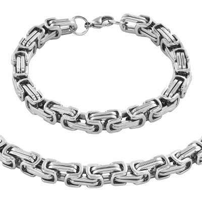 Men's Stainless Steel Byzantine Chain Necklace and Bracelet Set