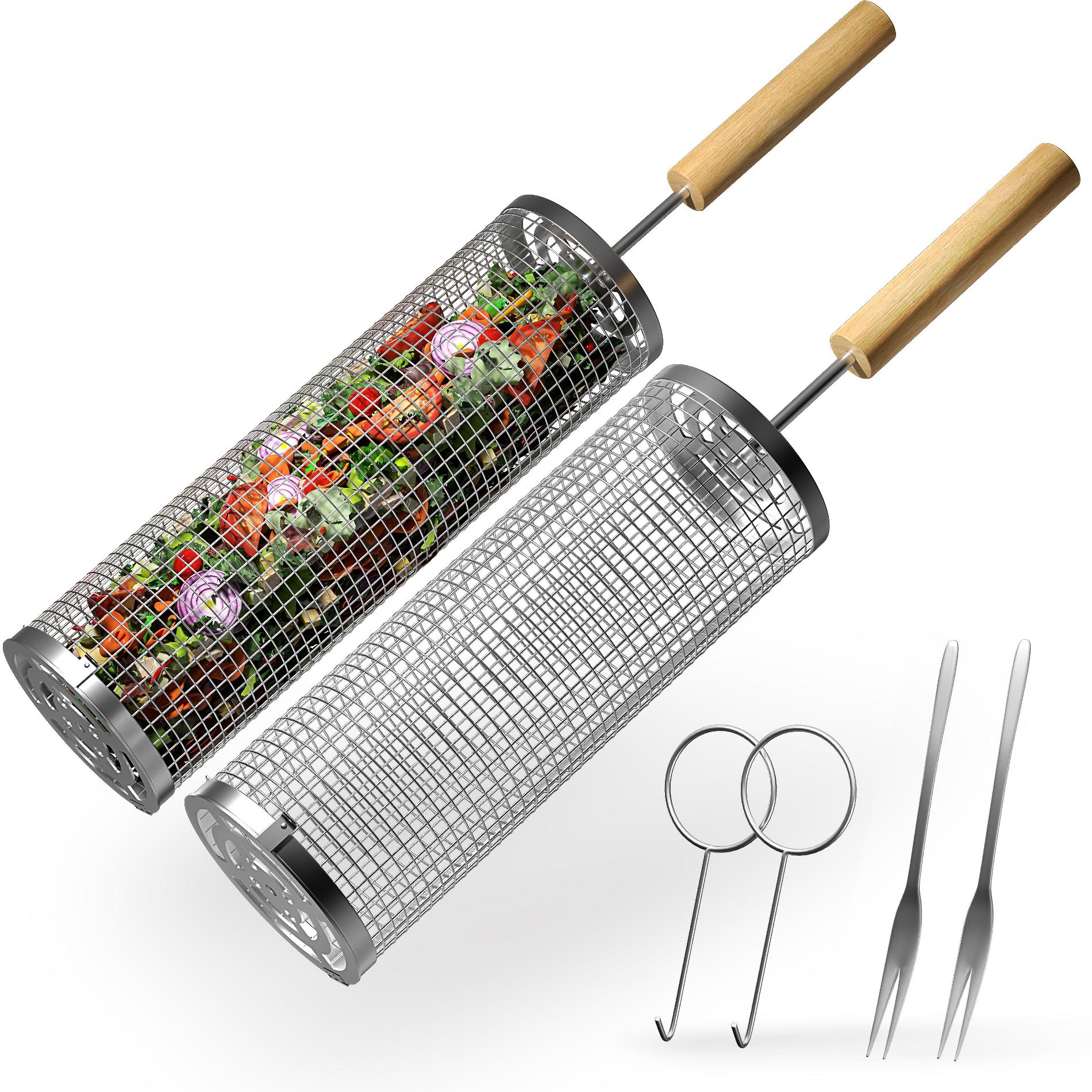 Sorbus 2 Pack Stainless Stee Rolling Grill Baskets with Removable Wooden Handle - BBQ, Outdoor Cooking, Camping