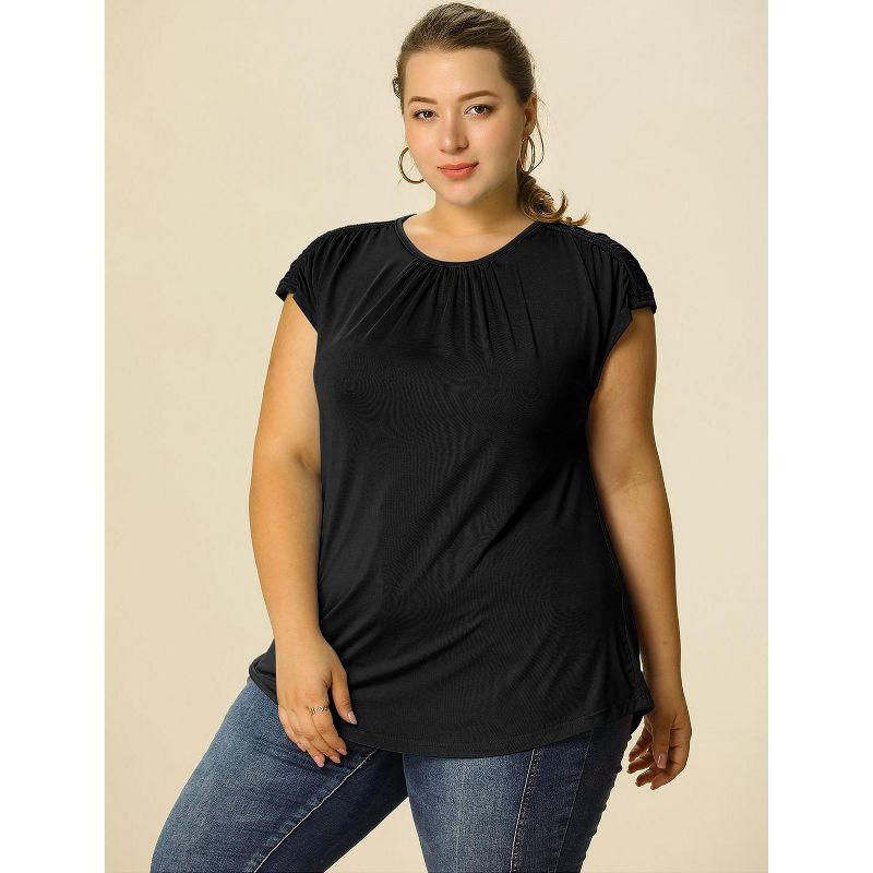 Agnes Orinda Women's Plus Size Round Neck Ruched Short Sleeve Summer Casual Blouses, 3 of 8