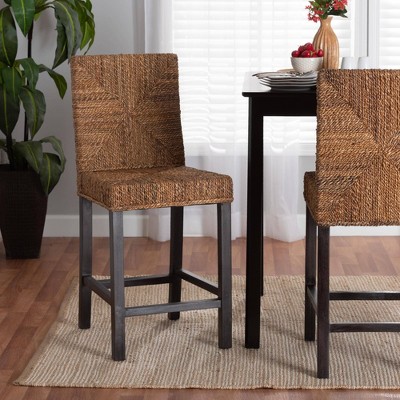 Laymi Mahogany Wood And Seagrass Counter Stool Natural Brown/dark Brown ...