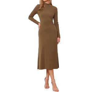 INSPIRE CHIC Women's Turtleneck Casual Basic Long Sleeve Stretch Flowy Ribbed Knit Sweater Maxi Dress Dark Brown X-Small - 1 of 4