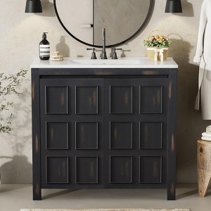 FAMYYT 36 in. Single Sink Freestanding Black Bath Vanity with White Resin Top, Adjustable Shelves, Soft Close Doors - 1 of 4