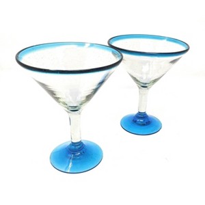Dos Sueños Mexican Hand Blown Modern Margarita Glasses - Aqua Rim - 12oz - Set of 2 - 1 of 4