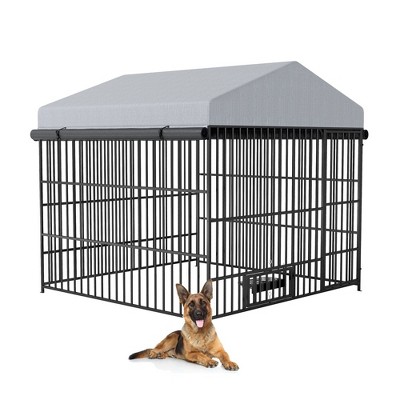 Large Dog Kennel Outside Outdoor Dog Kennel with Rotating Bowls, Metal Dog House Outdoor Dogs Enclosure Dog Run Fence House with Waterproof Cover Roof