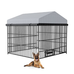 Large Dog Kennel Outside Outdoor Dog Kennel with Rotating Bowls, Metal Dog House Outdoor Dogs Enclosure Dog Run Fence House with Waterproof Cover Roof - 1 of 4