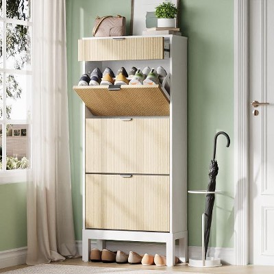 Shoe Storage Cabinet with 3 Flip Drawers, Farmhouse Fluted Shoe Organizer with Metal Legs, Freestanding Hidden Slim Narrow Shoe Rack