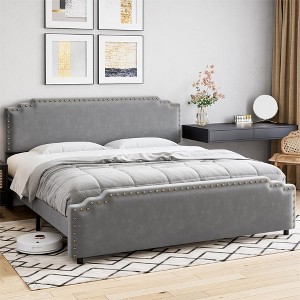 Bed Frame, Velvet Upholstered Platform Bed Frame with Rivet Decor Headboard, Strong Wood Slat Support, No Box Spring Needed, Grey - 1 of 4
