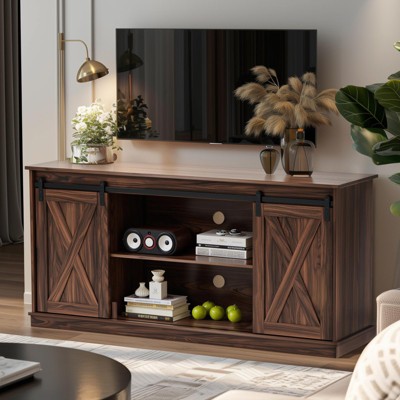 Vynxaria Modern 65 Inch Solid Wood TV Cabinet, Brown, Double-Layer Storage, Sliding Doors, Adjustable Shelves