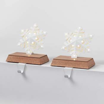 2pk Pre-lit LED Glittered Snowflake Metal Christmas Stocking Holder with Wood Base White - Wondershop™