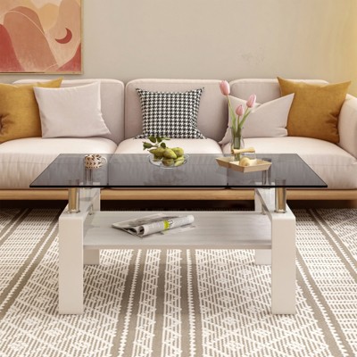 ALEXOUN Glass Coffee Table Rectangle,Stylish Tempered Glass Top with MDF Storage Shelf,Easy to Clean & Assemble,for Living Room,Office