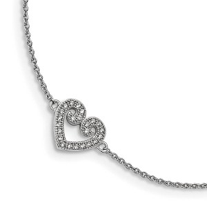 Black Bow Jewelry Rhodium Plated Sterling Silver 10mm CZ Heart And Cable Anklet, 9-10 In - 1 of 4