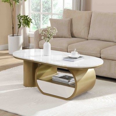 NicBex 47.24" Oval Coffee Table with Storage, Faux Marble Top Table with Gold Metal Frame & Hidden Drawer for Living Room