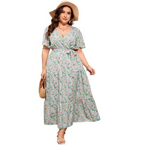 BLUEMING Summer Maxi Dress for Plus Size Women Tie Wasit Surplice Dress Flutter Sleeve A-Line Dress - 1 of 4