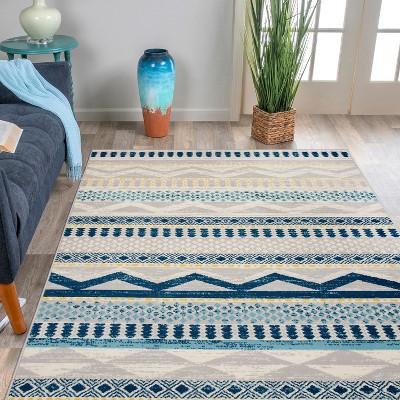 Boho Blue Geometric Tufted Synthetic Area Rug