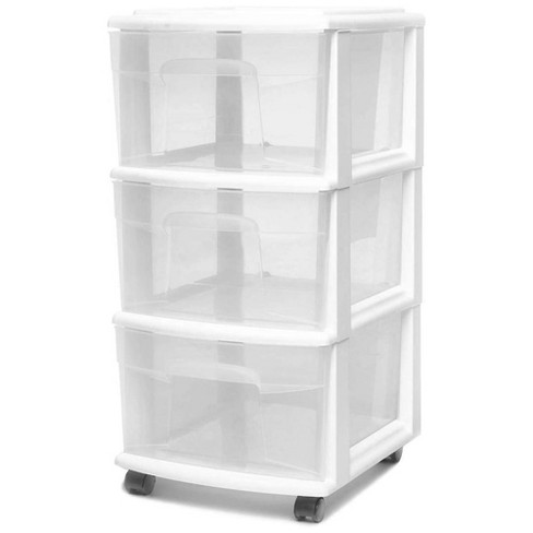 Homz Clear Plastic 3 Drawer Medium Home Organization Storage Container  Tower with 3 Large Drawers and Removeable Caster Wheels, White Frame