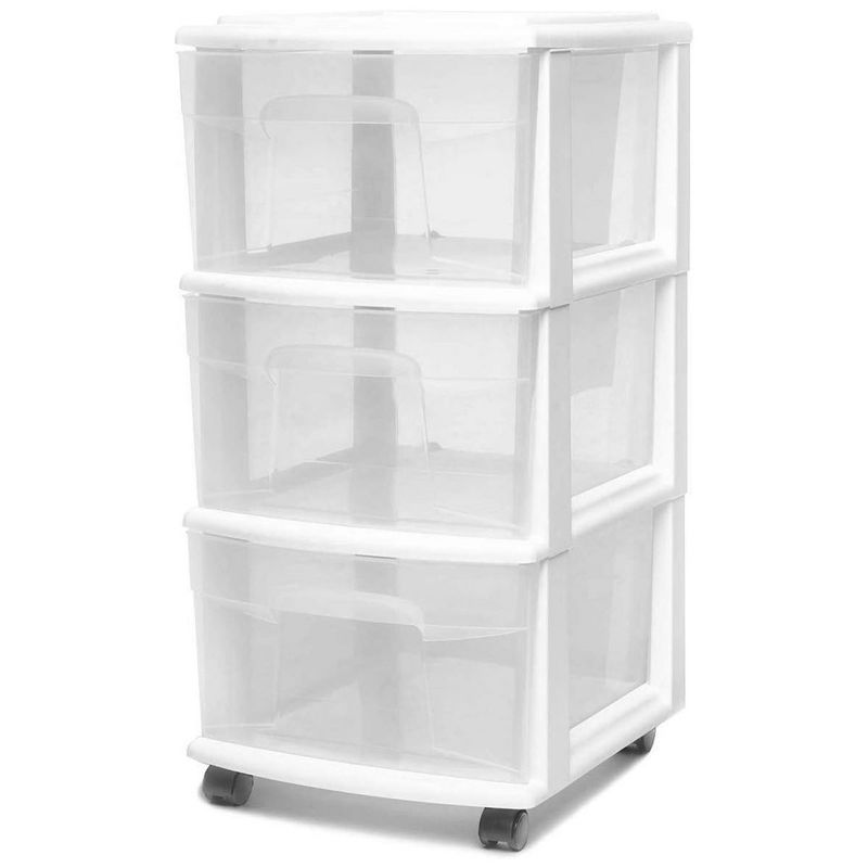 Homz Clear Plastic 3 Drawer Medium Home Organization Storage Container Tower with 3 Large Drawers and Removeable Caster Wheels, White Frame, 1 of 8
