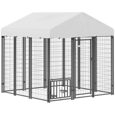 PawHut Outdoor Dog Kennel with Roof, 5.9' x 5.9' x 6' Heavy Duty Welded Wire Dog Playpen Fence with Rotating & 4-Level Adjustable Feeding Bowls