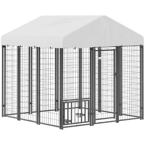 PawHut Outdoor Dog Kennel with Roof, 5.9' x 5.9' x 6' Heavy Duty Welded Wire Dog Playpen Fence with Rotating & 4-Level Adjustable Feeding Bowls - 1 of 4