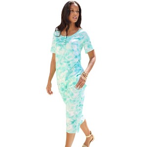 Roaman's Women's Plus Size Printed Henley Capri Set - 1 of 4