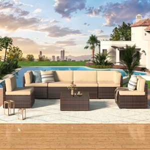 COWLOWN 7 Pieces Outdoor Patio, Porch Furniture Sets, Rattan Patio Furniture for Poolside, Outdoor Sectional Sofa Set with Tea Table - 1 of 4