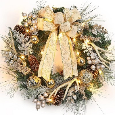Acekool 24-Inch Pre-Lit Winter Wreath with LED Lights, Champagne Gold Faux Antlers, Pine Cones, Ball Ornaments, Battery-Operated