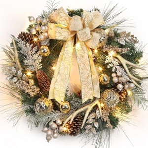 Acekool 24-Inch Pre-Lit Winter Wreath with LED Lights, Champagne Gold Faux Antlers, Pine Cones, Ball Ornaments, Battery-Operated - 1 of 4