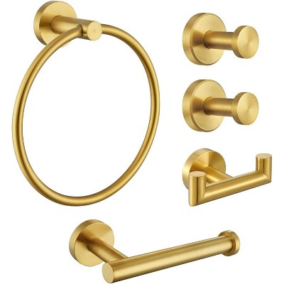 Mixxidea Round Towel Hooks 2 PCS, Toilet Paper Holder, Towel Ring Bundle with Double Robe Hook (Brushed Gold)