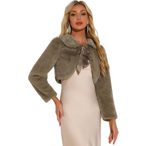 INSPIRE CHIC Women's Evening Bow Tie Front Turndown Collar Faux Fur Fluffy Cropped Coat - 1 of 4