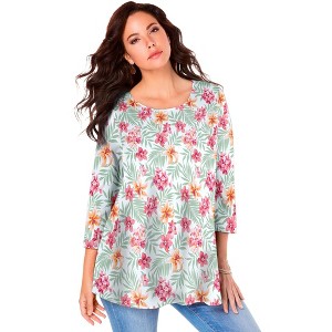 Roaman's Women's Plus Size Three Quarter Sleeve Swing Ultimate Tee - 1 of 4
