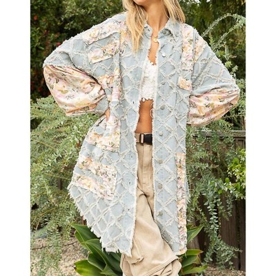 Women's Floral Print Frayed Texture Denim Shacket - POL