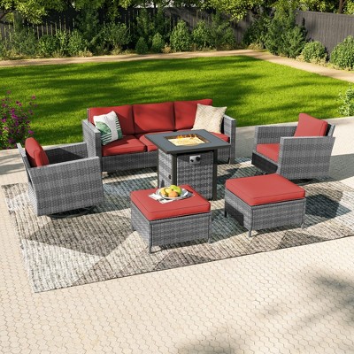 Sonkuki 6-Piece Patio Sofa with Square Fire Pit Table and Swivel Rocking Chairs, Conversation Couch with Cushion