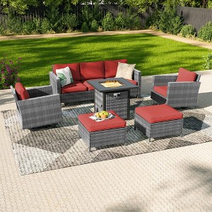 Sonkuki 6-Piece Patio Sofa with Square Fire Pit Table and Swivel Rocking Chairs, Conversation Couch with Cushion - 1 of 4