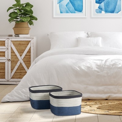 Ayden Natural and Blue Fabric Rectangular Storage Baskets, Set of 2