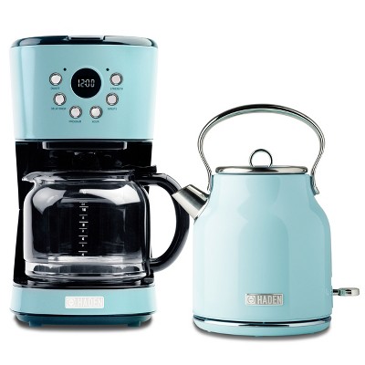 Haden Coffee Machine, 12 Cup Drip Coffee Maker Bundled with Heritage 1.7 Liter Stainless Steel Electric Kettle, Turquoise & Chrome