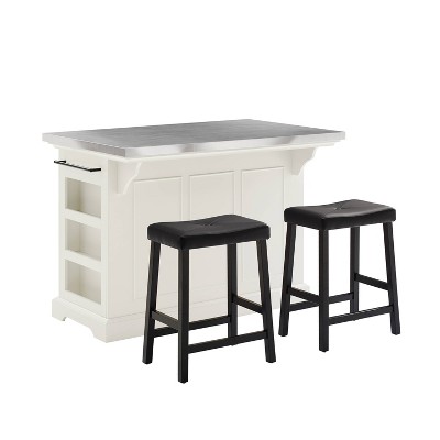 Julia White Stainless Steel Top Kitchen Island with Saddle Stools
