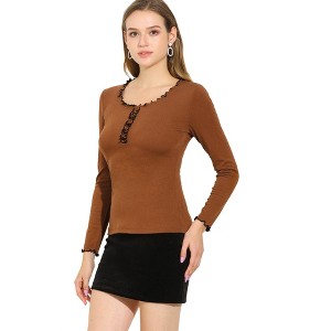 INSPIRE CHIC Women's Casual Ruffle Contrast Stitch Scoop Neck Long Sleeve Bodycon Top Shirt - 1 of 4