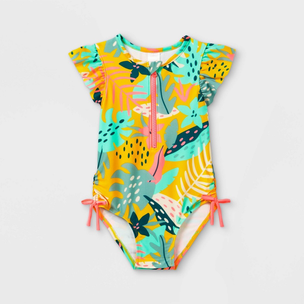 Toddler Girls' Leaf Print Ruffle Sleeve One Piece Swimsuit - Cat & Jack Yellow 2T