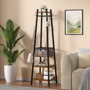 VECELO Freestanding Industrial Coat Rack with Metal Basket, 2 Shelves & 8 Dual Hooks – Entryway Hall Tree for Hats, Bags, and Scarves - 1 of 4