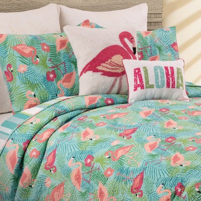 Twin Blue Cotton Reversible Flamingo Quilt Set