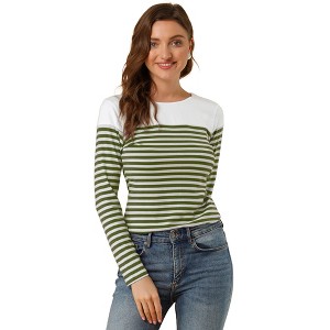 INSPIRE CHIC Women's Color Block Round Neck Long Sleeves Striped Basic T-Shirt - 1 of 4