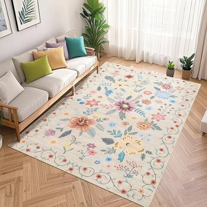 Boho Floral Rug, Washable Soft Low-Pile Non-Shedding Carpet for Living Room, Bedroom, Nursery, Kitchen, Dining, Indoor Use - 1 of 4
