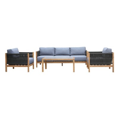 4pc Sienna Acacia Wood Outdoor Sofa Seating Set with Teak Finish and Gray Cushions - Armen Living