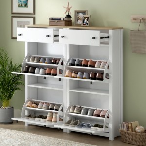 Slender 4-Drawer Tipping Bucket Shoe Cabinet Set, Wood Grain Top with Adjustable Panel, Modern Hallway Shoe Rack - 1 of 3