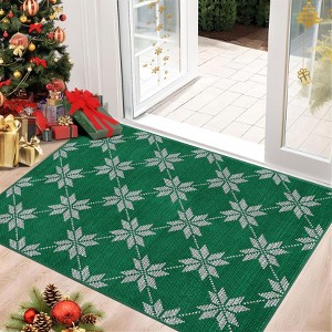 Checkered Festive Christmas Leaf Pattern Rectangular Rug Holiday Decor for Living Room Cozy Seasonal Mat Carpet - 1 of 4