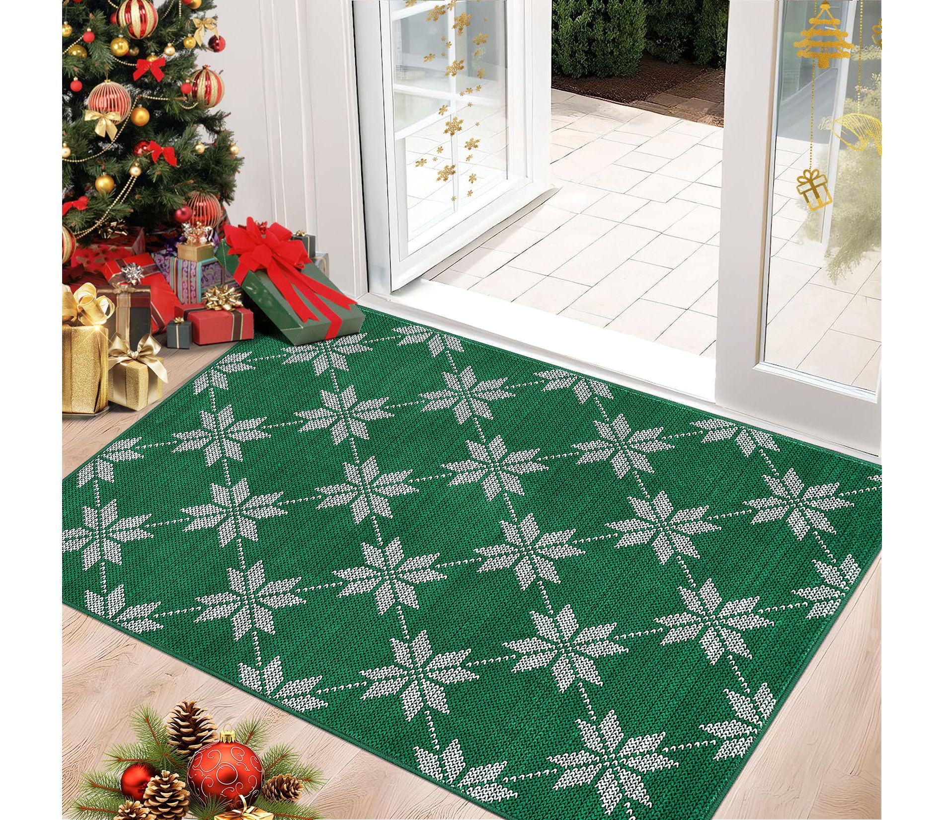 Coolmee Christmas Living Room Area Rug Machine Washable Rugs Carpet Indoor Door Mat Non-Slip Snowflake Rug for Bedroom Kitchen Green