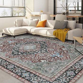 Vintage Distressed Area Rug for Living Room Traditional Medallion Stain Resistant Accent Rug, 9' x 12' Red